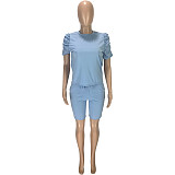 Stylish Solid-color Round Neck Pleated Short Sleeve Lace-up Shorts Sport Two-piece Set MEI-9096