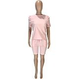 Stylish Solid-color Round Neck Pleated Short Sleeve Lace-up Shorts Sport Two-piece Set MEI-9096
