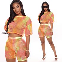 Fashion Printing Mesh Perspective Short Sleeves Shorts Two-piece Set AWN-5099