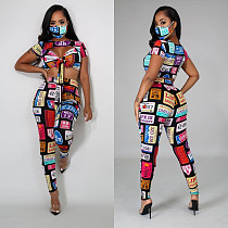 Sexy Digital Print Hollowed-out Irregular Blouse and Trousers Two-piece Set SHUN-8033