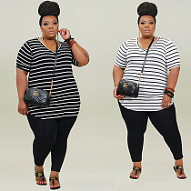 Striped Short Sleeved T-shirt Black Trousers Two-piece Set HZM-7044