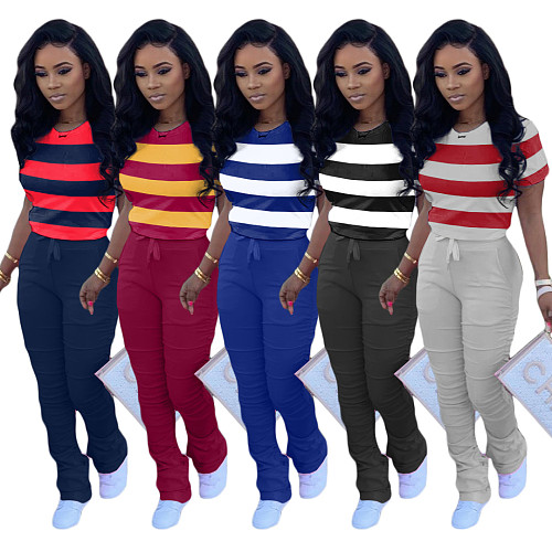 Matching Color T-shirt Buttock Lift Slim Pleated Flared Trousers Two-piece Set TK-6101