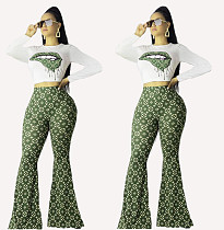 Hot Style Printed Short Sleeve T-shirt Bell-Bottom Trousers Two-piece Set YIM-8064