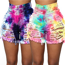 Hot Style Cut Hollowed-out Tie-dye Printed Denim Shorts SH-3846