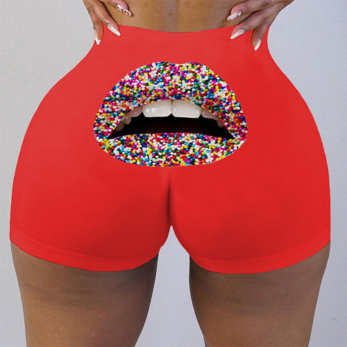 Fashion Lip Print High-waisted Carry Buttock Shorts SHE-7203
