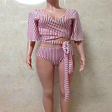 Striped V-neck Tethered Swimming Suit Two-piece Set AWY-8802