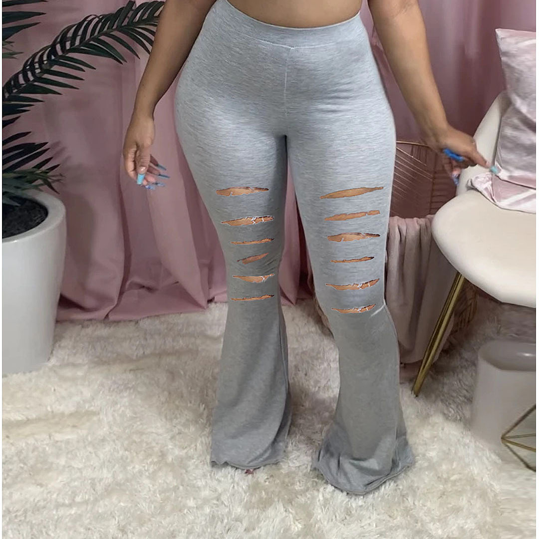 US$ 6.94 - Solid Buttock Lifting Rippen Hole Flared Trousers Pants DAI ...