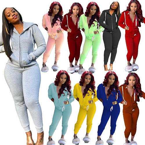 Fall Solid Color Zip-up Hooded Sweatpants Two-piece Set DAI-8075