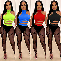 Women's Hollow Out Vest Mesh Perspective Trousers 2 Piece Set BY-3650