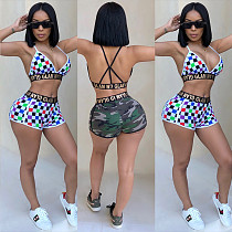 Sexy Camouflage Plaid Printed Bra Tight Shorts 2 Piece Suit NY-7114