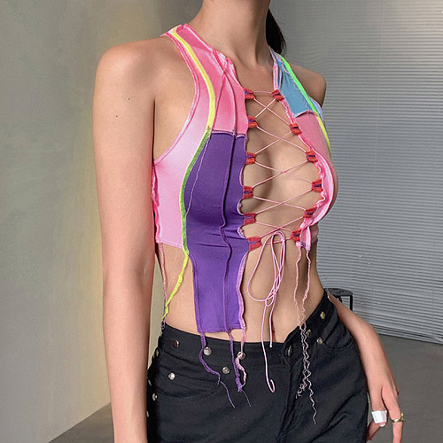 Pink Hollow Out Sleeveless Bandage Thread Effect Tops Vest RS-1737794