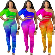 Position Tie-dyed Single Shoulder Pleated Pants 2 Piece Set YIW-1824