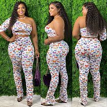 Fashion Butterfly Print One-sleeved Top Fold Pants 2 Piece Set XMY-9258