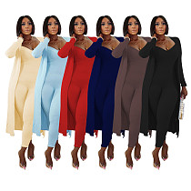 Women's Long Rib Coat+Slim Jumpsuit Two-piece Set TR-1068