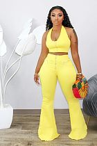 Sexy Solid-color Hang Neck Tank Top Bell-bottom Two-piece Set DM-8141