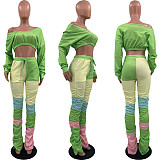 Elastic Waist Blouse Contrast Color Pleated Pants 2 Piece Set MLS-8081