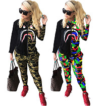 Trendy Shark Mouth Camouflage Mosaic Zipper Two-piece Set YM-9241