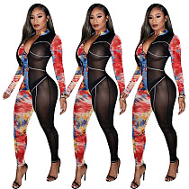 Sexy Printed Gauze Perspective Ribbon Mosaic Jumpsuit ME-681