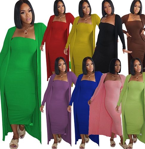 Women's Solid-color Long Coat+Bodice Wrap Dress Two-piece Set LUO-6322