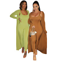 Women's Solid Color Long Coat+Sleeveless Jumpsuit Set YF-9729