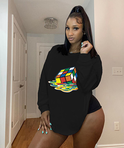 Rubik's Cube Printed Long Sleeve Round Neck T-shirt RUM-8702