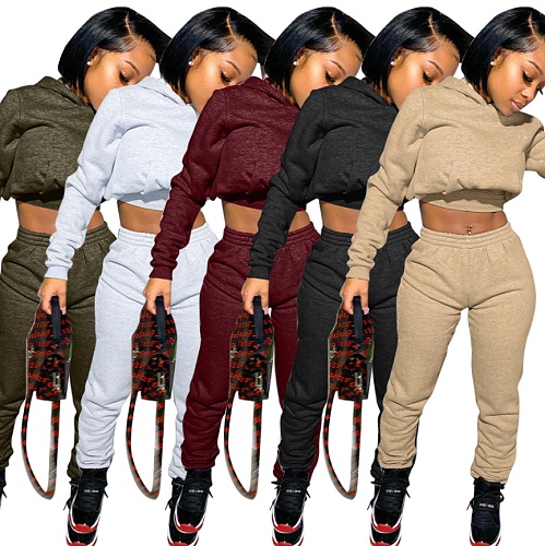 Solid Cropped Hoodies Sweatpants Two Piece Outfits Tracksuits RM-6311