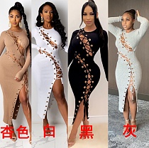 Women Solid Irregular Long-sleeved Sexy Bind A-line Dress CHY-1266