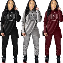 Letter Printed Long Sleeve Irregular Hooded Top Leggings Set  MDF-5173