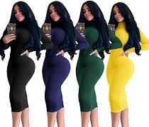 Solid Color Turtle Neck Long Sleeve Skinny Bodycon Dress MZ-2589