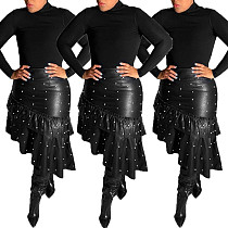 Sexy Pearl Package Hip Irregular Flounce PU Leather Skirt OMY-5071