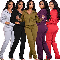 Solid Color Zipper Hoodie Top Sweatpants Two Piece Outfits SMD-2048