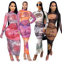 Women's See-through Dollar Print Long Sleeve Bodycon Dress CY-2294