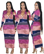 Multicolored Digital Print Striped Long-sleeve Dress SMY-8047