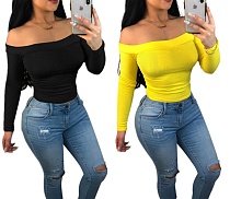 Solid-color Knitted Long Sleeves Off Shoulder Skinny Top PIN-8251