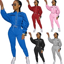 Embroidery Long Sleeve Cross-band Top Jogger Pants Tracksuit YLY-064