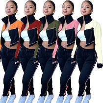 Fashion Stitching Color High-necked Top Pants Fitness Suit OJS-9252