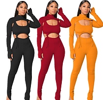 Autumn Sexy Solid Color Hollow-out Skinny Three-piece Set PIN-8519