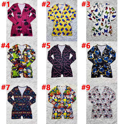 Fashion Floral Sleepwear Long Sleeve V Neck Bodycon Onesies SHD-9449