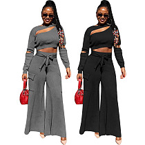 Irregular Hollowed-out Long Sleeves Crop Top Loose Pants Outfit AWY-679