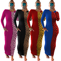 Fashion Splicing Leopard Print Long-sleeved Bodycon Dresses AIL-142