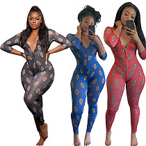 Casual Printed Long Sleeve Button Bodycon Home Wear Jumpsuit SHD-9456