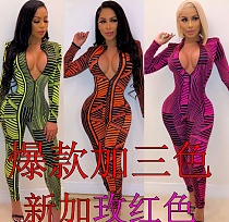 Women's Striped Printed Long Sleeve Zipper Bodycon Jumpsuit CHY-1170