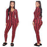 Christmas Long Sleeve V-Neck Buttons Red Grid Print Jumpsuit MK-3037