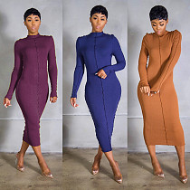 Fashion High Elastic Long Sleeve High Neck Solid Bodycon Dress IV-8147