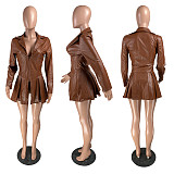 Women PU Leather Lapel Collar Long Sleeve High Wait Tunic Coat WZ-8347