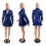Women PU Leather Lapel Collar Long Sleeve High Wait Tunic Coat WZ-8347