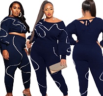 Plus Size Bubble Pearl Loose-knit Casual 2 Piece Pants Outfit OSS-20983