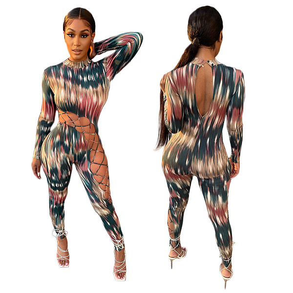 Christmas Printed Long Sleeve Hollowed-out Band Jumpsuit DY-6636