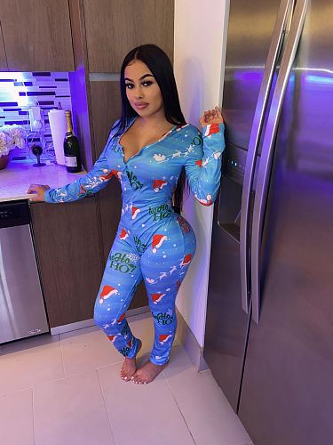 Hat Letter Printed Low Neck Full Sleeve Christmas Slim Jumpsuits SFY-222