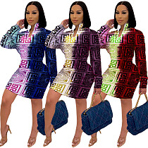 Colorful Printed Zipper Standneck Long Sleeve Slim Waist Dress YIY-5257